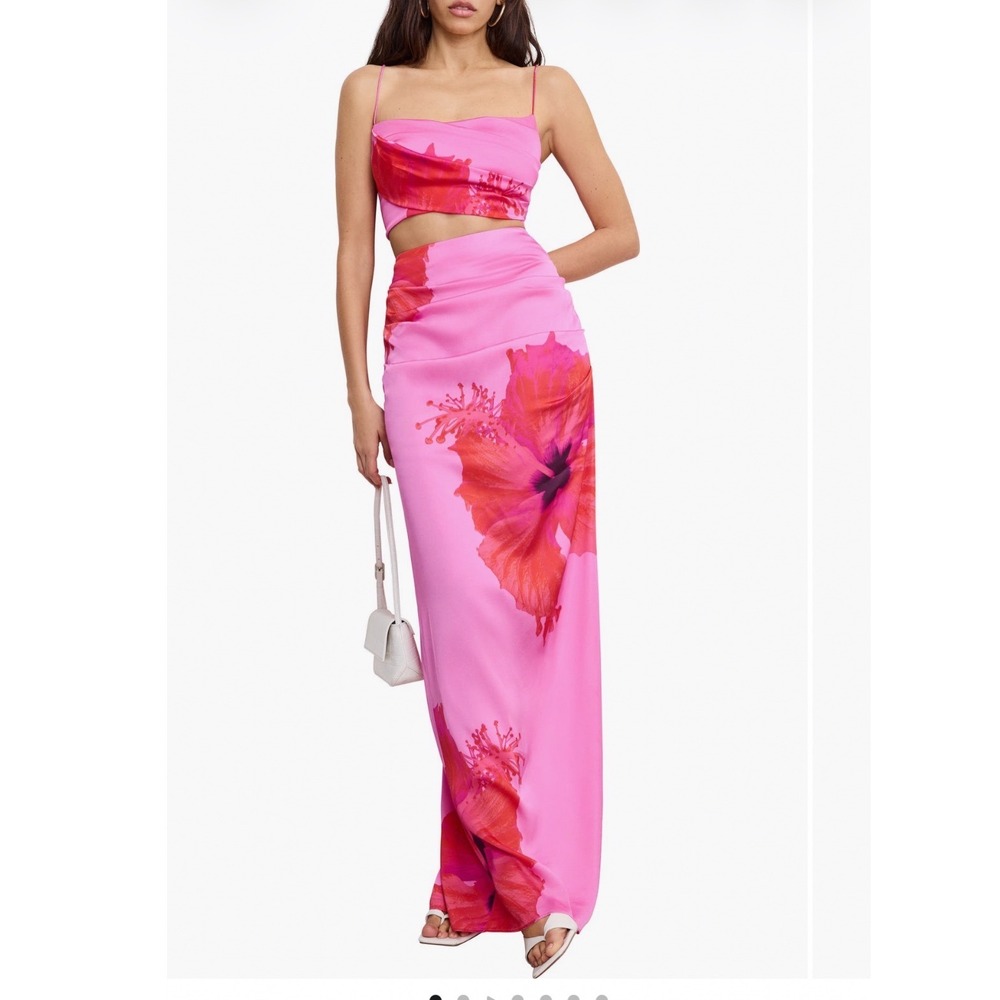 Good American Pink Hibiscus Floral Satin Maxi Skirt Side Slit High Rise 25 / 0